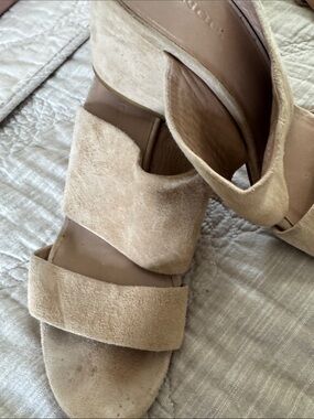 Vince Beige Suede Double-Strap Block Heel Mules